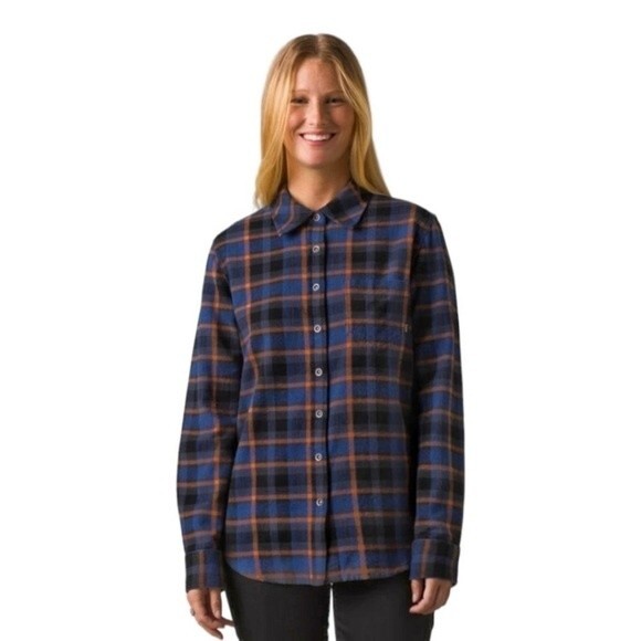 pRana Golden Canyon Long Sleeve Plaid Flannel Shirt Sz S in Rich Sapphire NWT - Picture 1 of 9